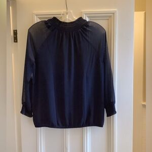 NWT Ann Taylor Factory Navy Petite XXS Smocked Mock Neck Long Sleeve Blouse